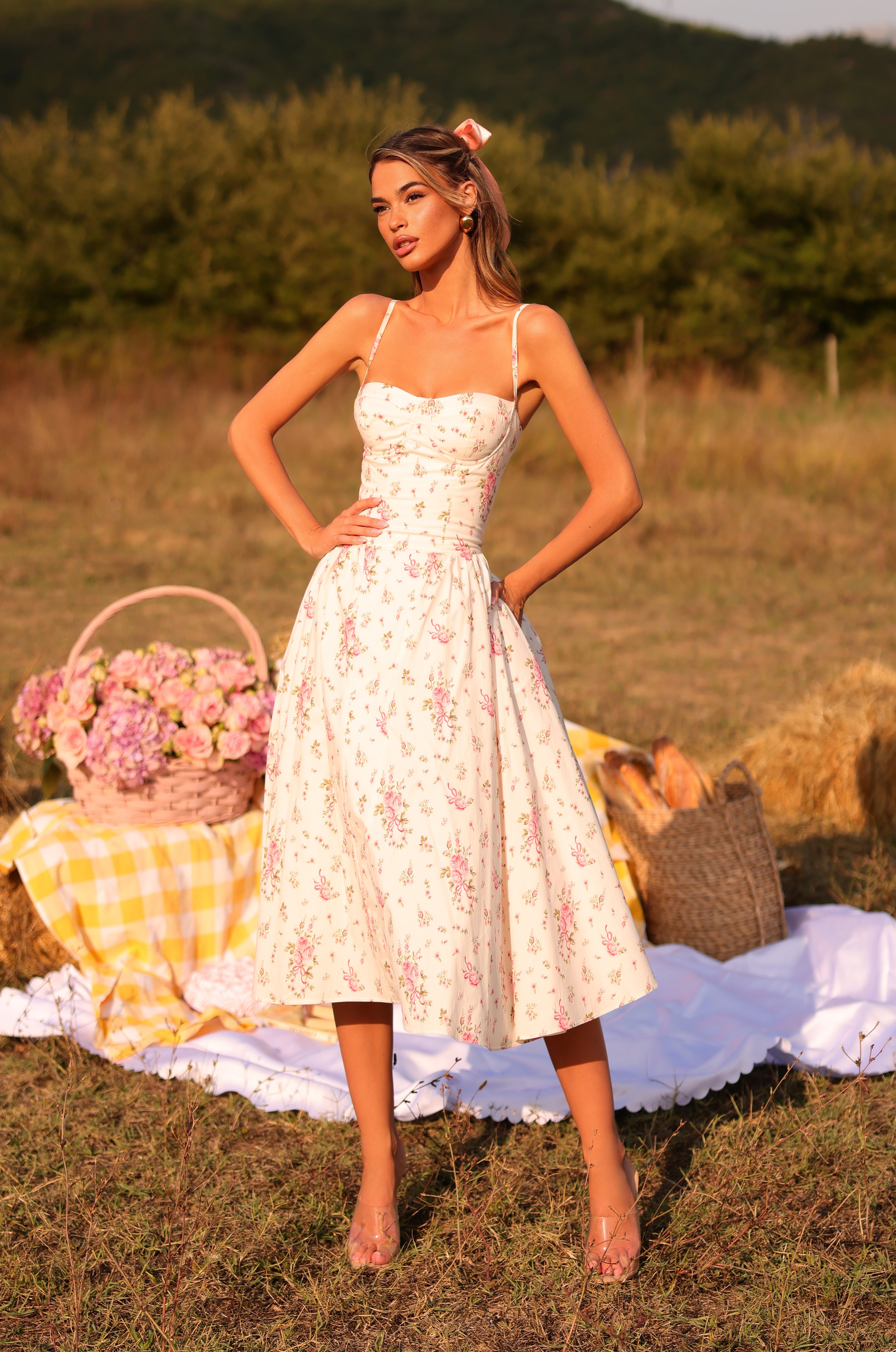 Off-White Pink floral corset midi dress with spaghetti straps